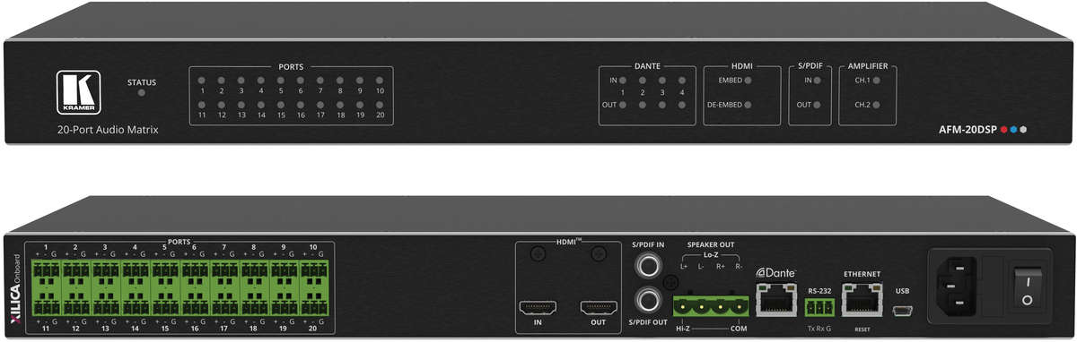 Kramer AFM-20DSP 20×20 Port Audio Matrix with DSP and Interchangeable Inputs & Outputs, Dante and built-in amplifier product image. Click to enlarge.