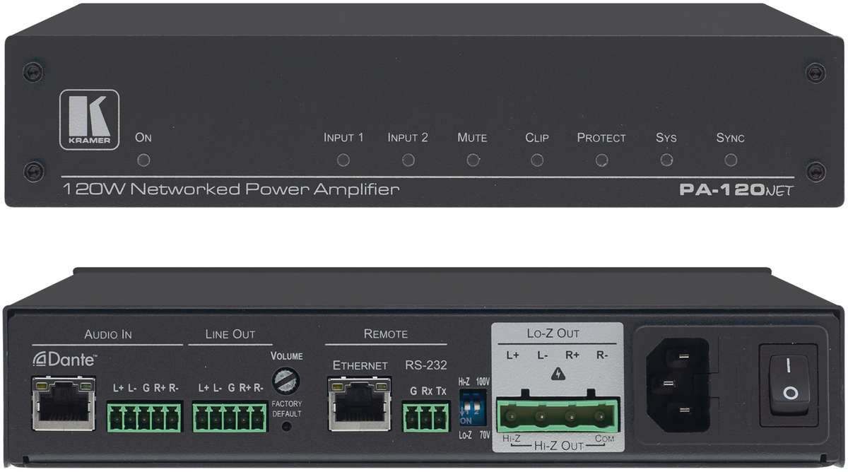 Kramer PA-120Net 1/2 Channel Dante Power Amp with IP or RS-232 Control product image. Click to enlarge.