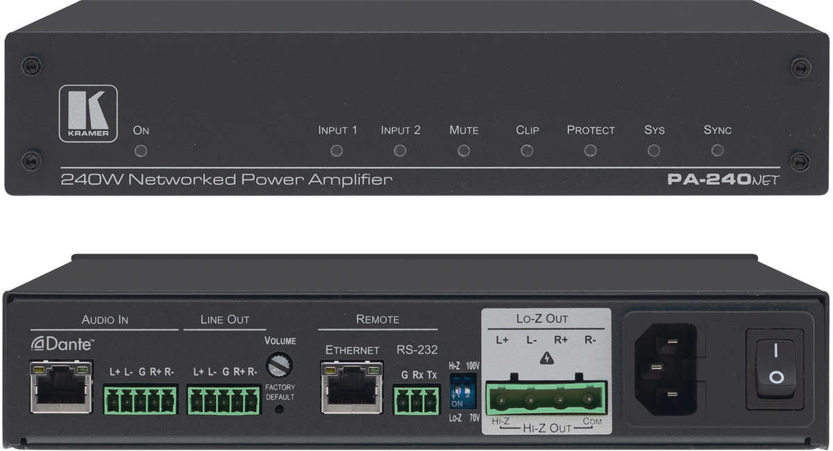 Kramer PA-240Net 1/2 Channel Dante Power Amp with IP or RS-232 Control product image. Click to enlarge.