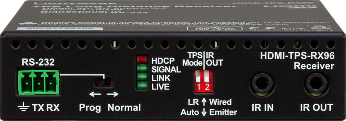 Lightware HDMI-TPS-RX96 1:1 HDBaseT HDMI/IR/RS-232/Ethernet/PoH over Twisted Pair Receiver product image. Click to enlarge.