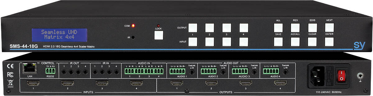 SY Electronics SMS44-18G 4×4 HDMI Seamless Matrix Switcher product image. Click to enlarge.