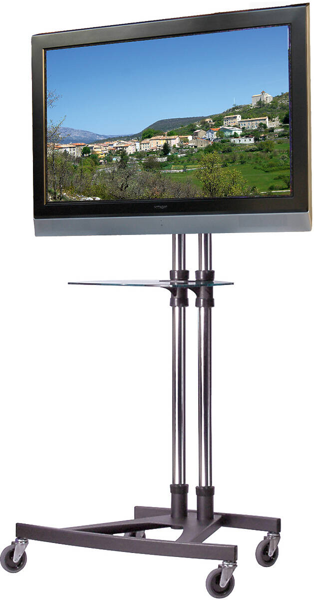 Unicol VS1000 E Trolley Height adjustable LCD/LED monitor or commercial TV trolley with equipment shelf product image. Click to enlarge.
