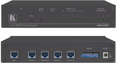 HDBaseT splitters/distribution amplifiers allow HDBaseT signals to be split amongst several displays. They feature one or more source inputs and multiple HDBaseT outputs. Components