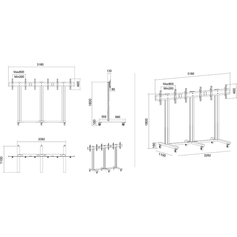 Multibrackets 9789 Public Video Wall Stand Monitor Trolley for 3 inline displays product image